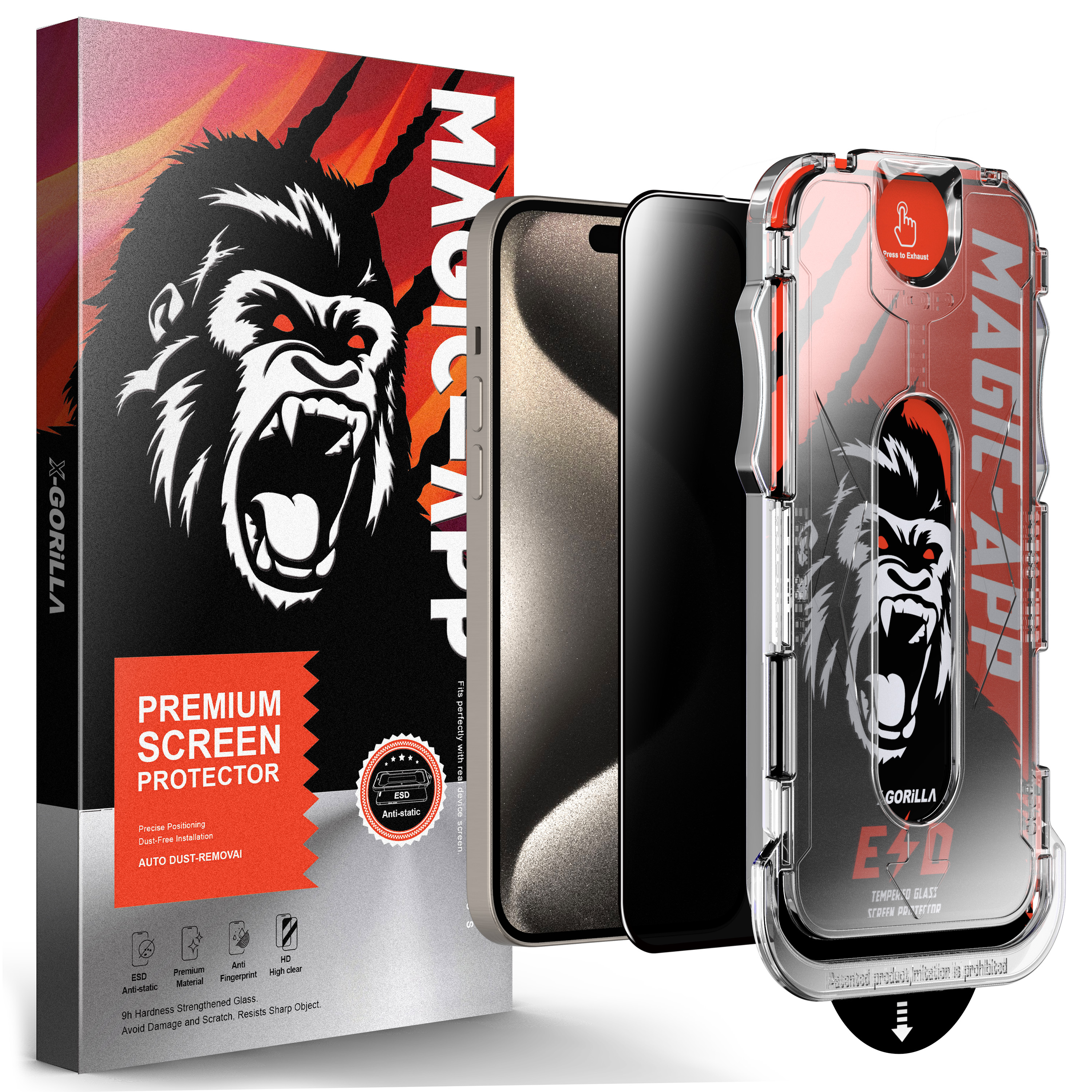 Telefon mit Schutzhülle und Displayschutzfolienbox, Gorilla-Design.