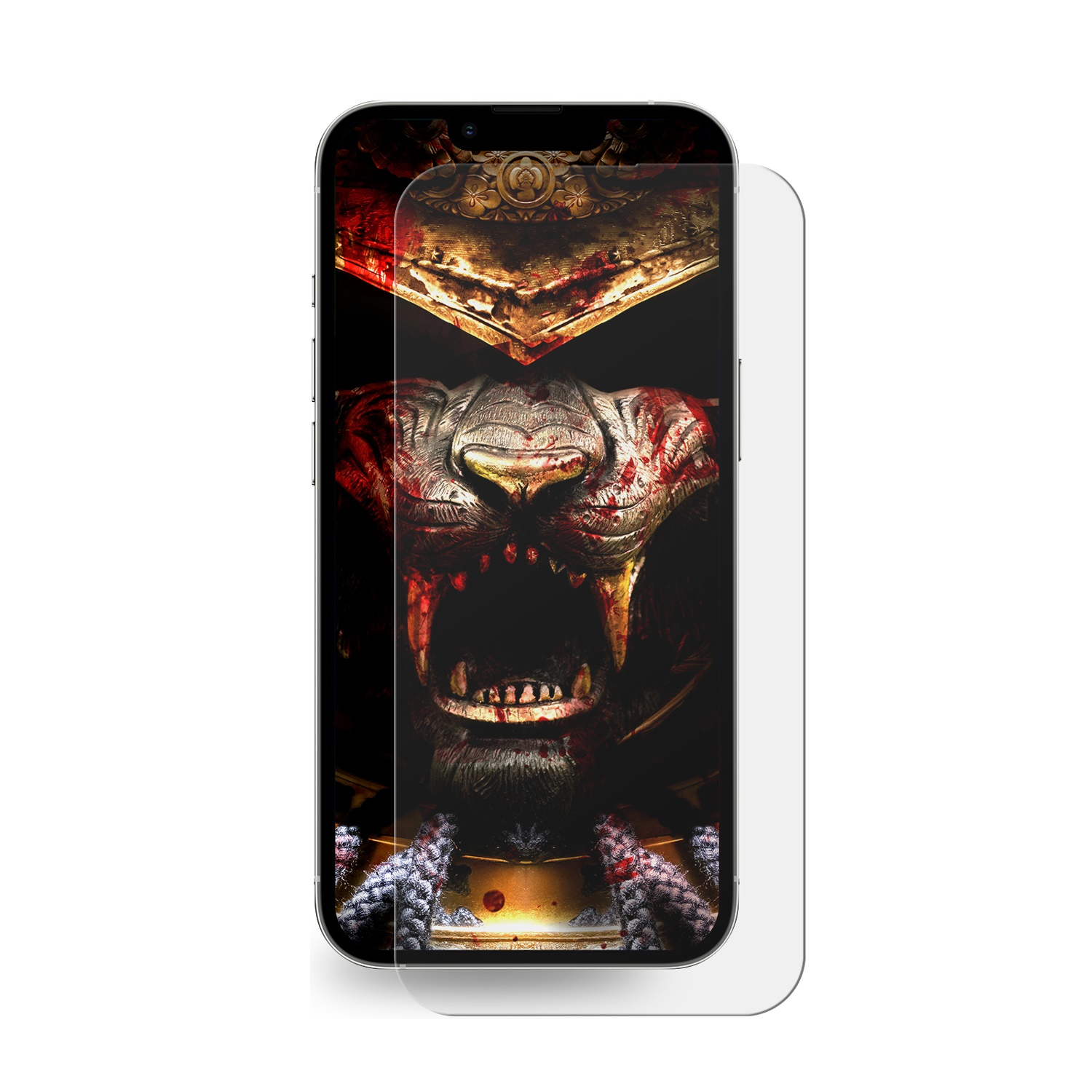 Ein Telefon mit Displayschutz wird gezeigt. Das Telefon hat ein Samurai-Design auf dem Bildschirm.