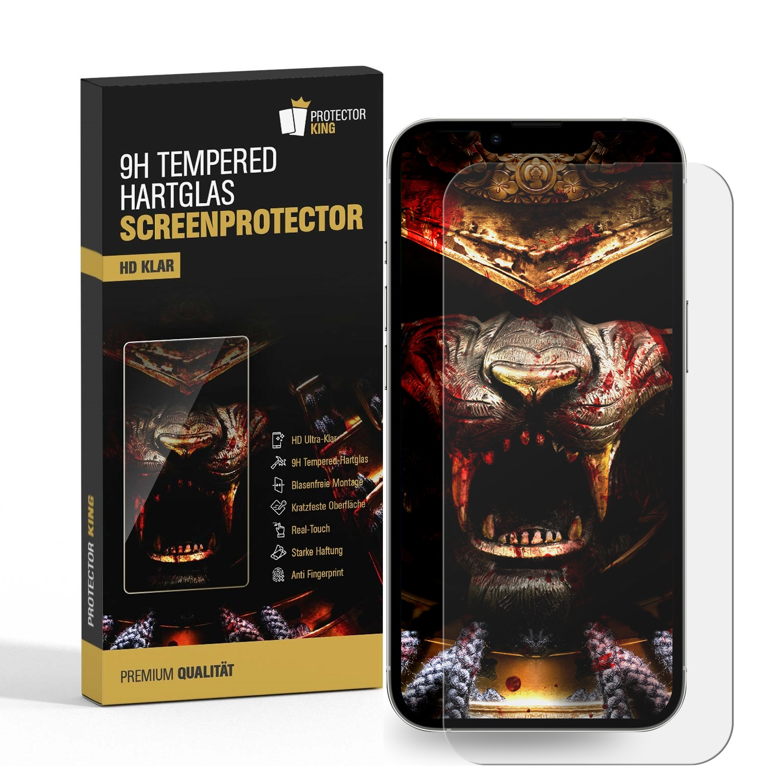 Handy-Displayschutzfolien-Paket und Handy mit installierter Schutzfolie.