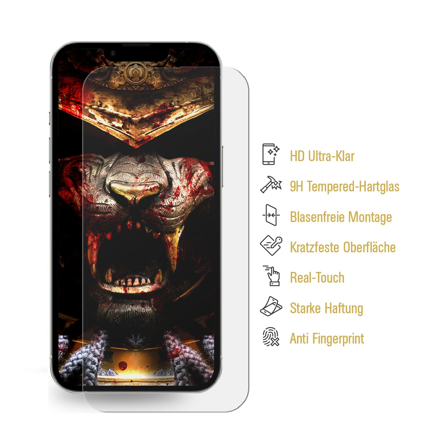 Telefon mit Displayschutzfolie und Grafik. Enthält 'HD Ultra-Clear', '9H gehärtetes Glas' und mehr.
