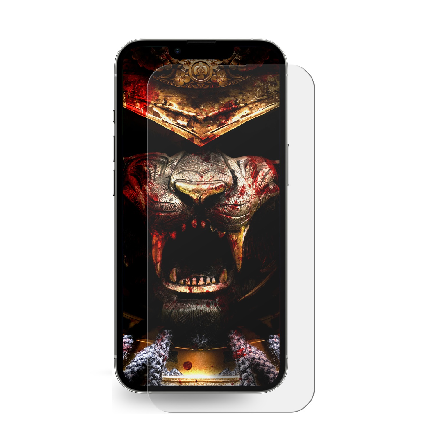 Ein Telefon mit Displayschutz, der eine Grafik eines Kriegers mit bedrohlichem Gesicht zeigt.