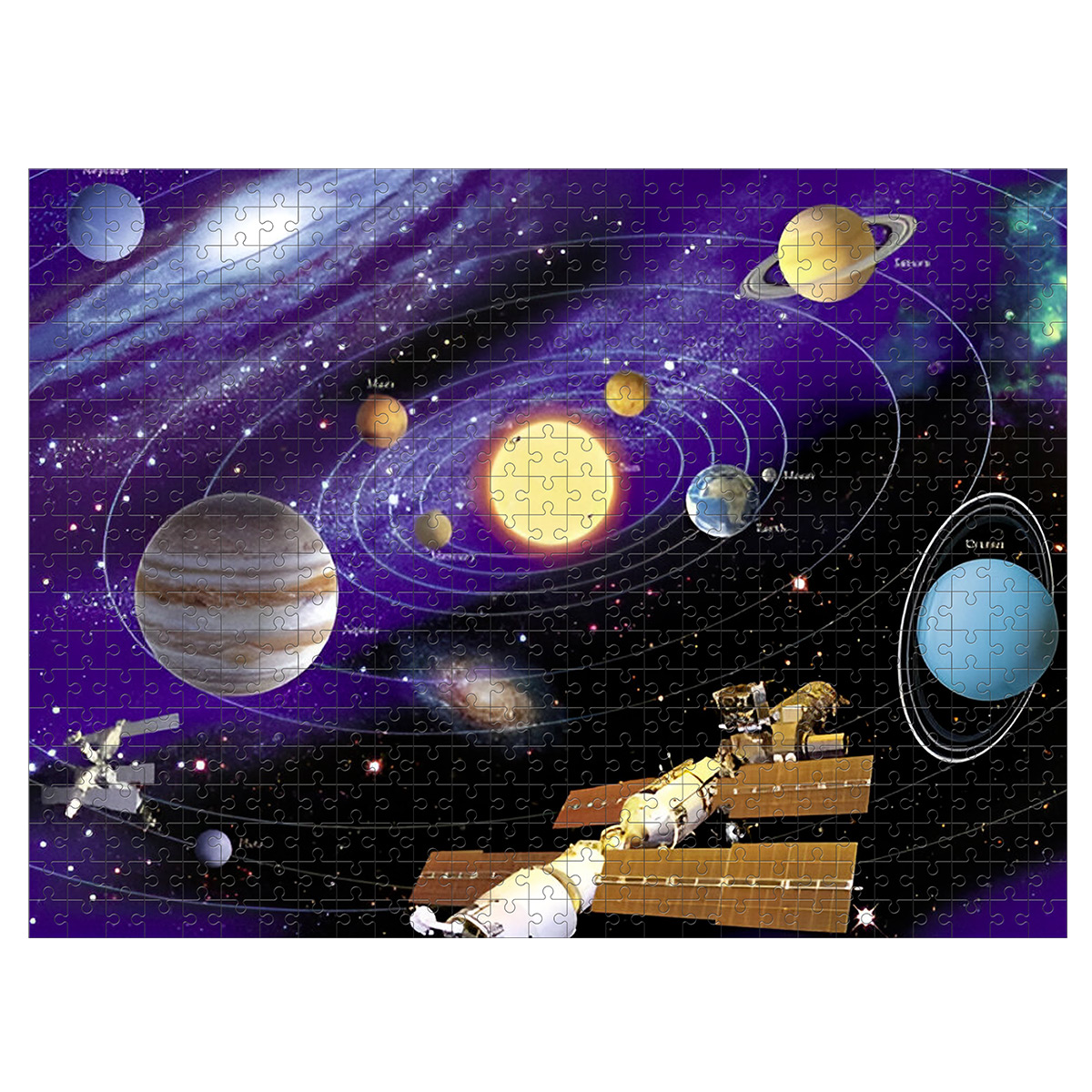 Un puzzle completato che mostra il sistema solare con pianeti e una stazione spaziale.