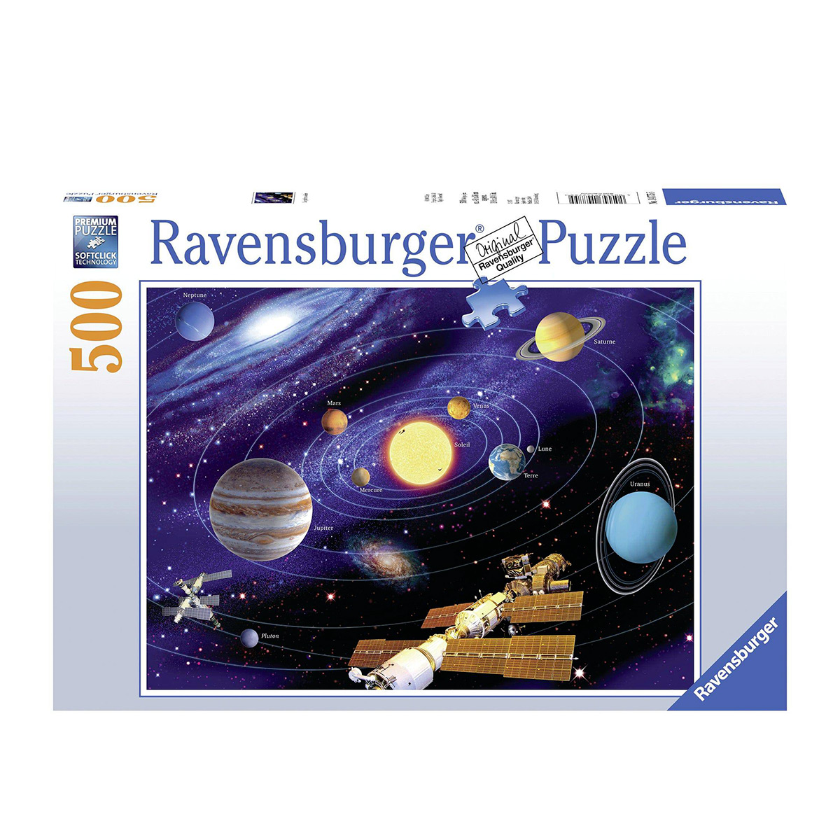 Una scatola di puzzle con un puzzle completato del sistema solare.