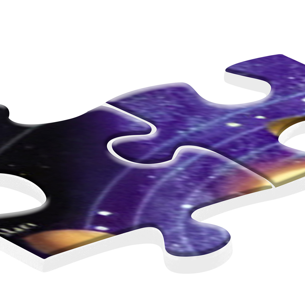 Un pezzo di puzzle, viola e scuro. Sfondo bianco.