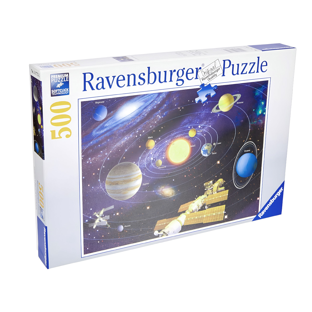 Una scatola di puzzle Ravensburger mostra un'immagine del sistema solare con pianeti, il sole e uno sfondo di galassia.