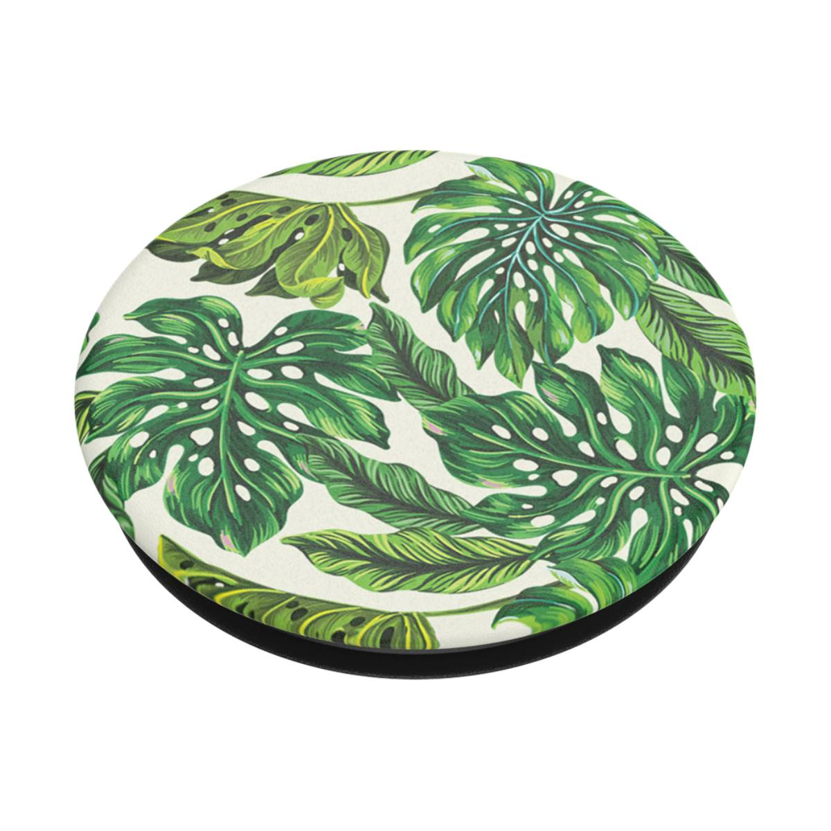 Pop socket circolare con motivo di foglie tropicali verdi su sfondo bianco.