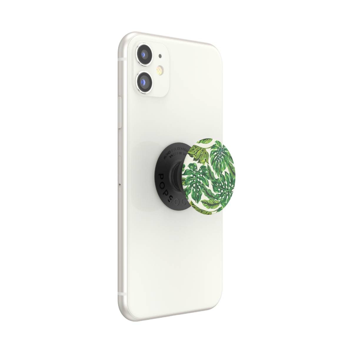 iPhone bianco con un PopSocket con motivo a foglie verdi attaccato sul retro.