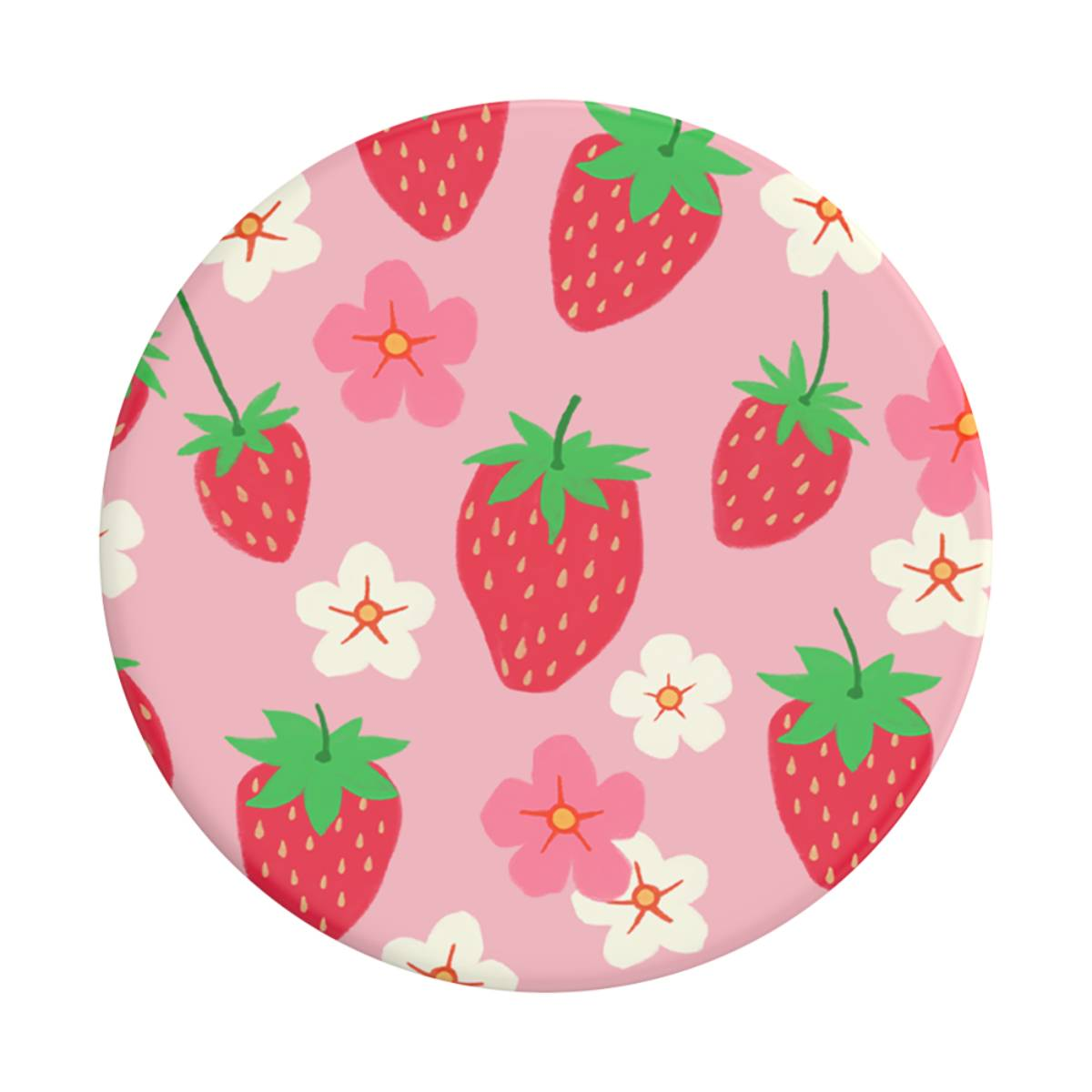 Una superficie rotonda, rosa, ricoperta da illustrazioni di fragole e fiori bianchi.