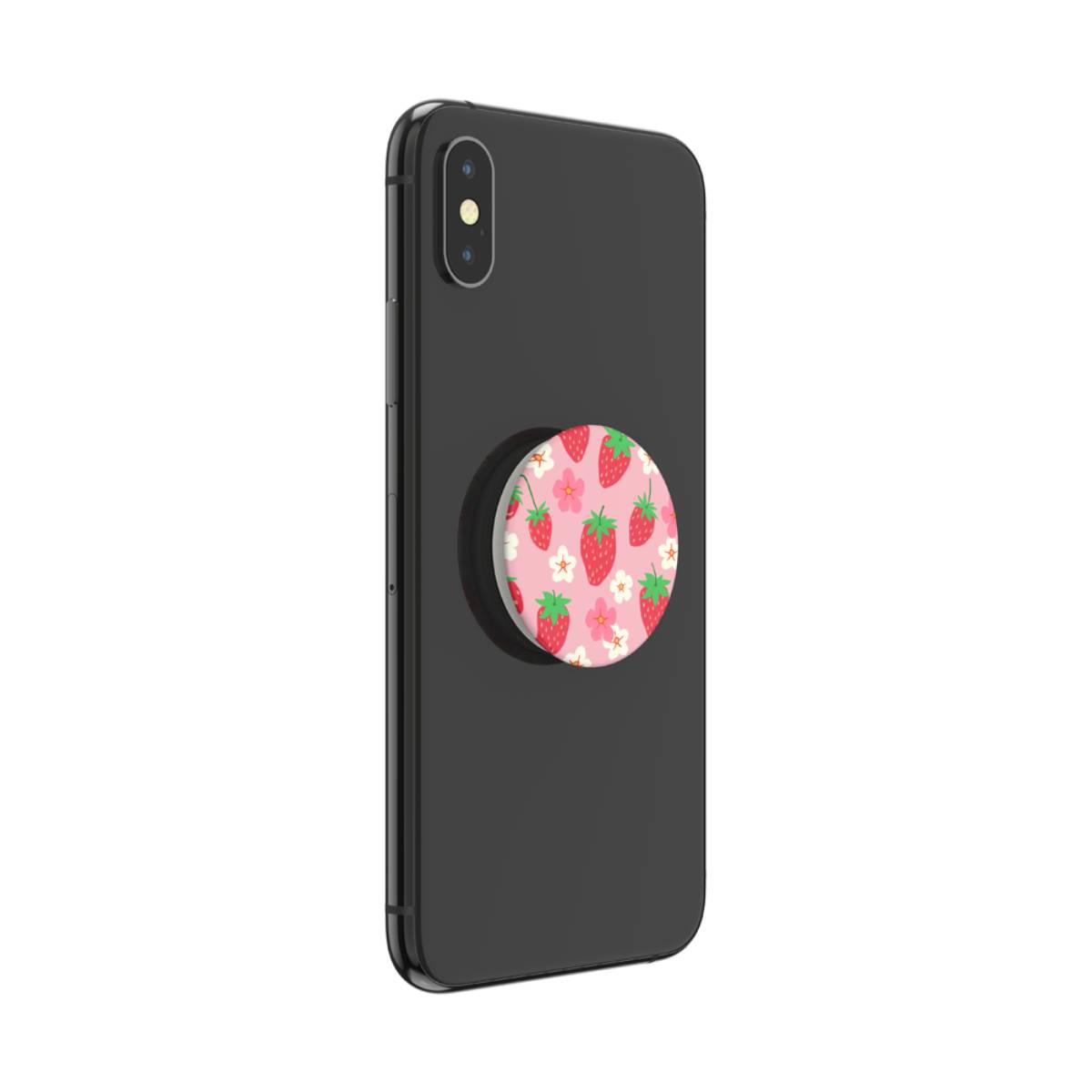 Telefono nero con un pop socket a forma di fragole e fiori.