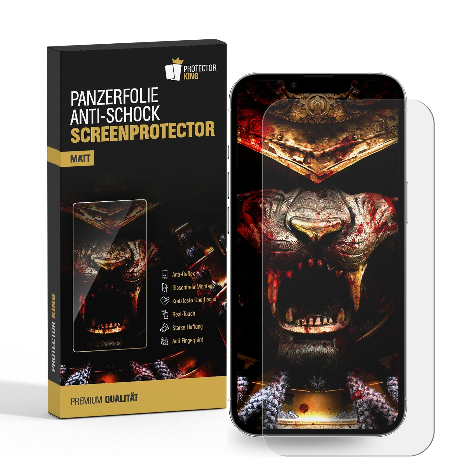 Smartphone mit Displayschutz und Verpackung mit Löwenbild.