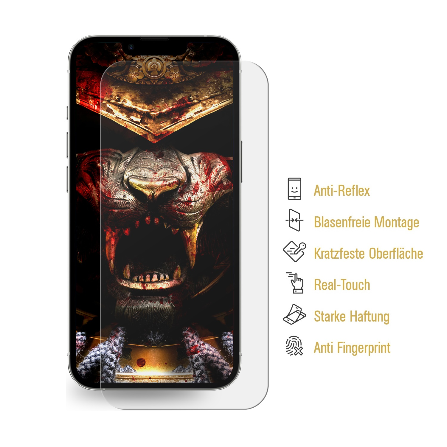 Displayschutzfolie auf einem Telefon mit einem Samurai-Bild. Zu den Merkmalen gehören Anti-Fingerprint, Anti-Kratzer.