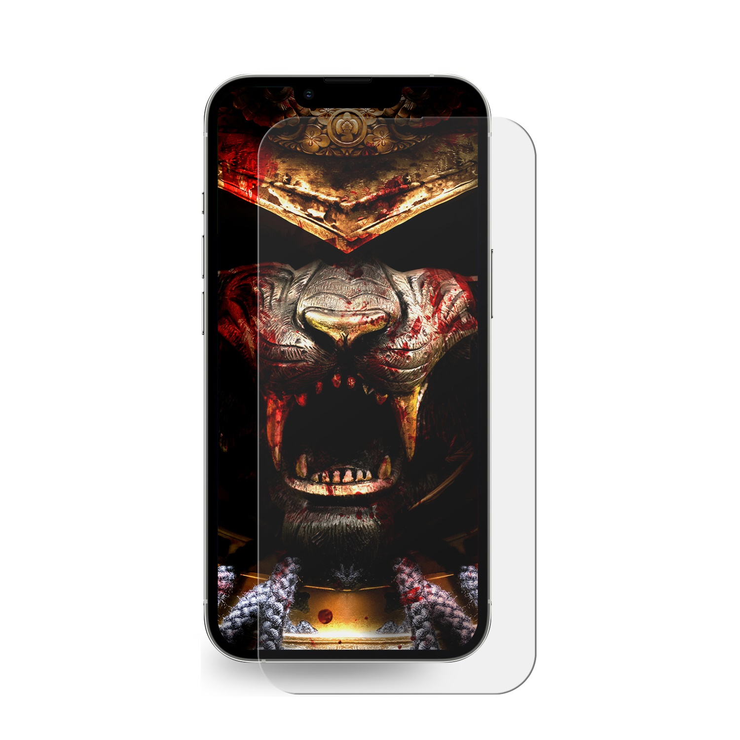 Telefon mit Displayschutzfolie, die ein Kriegerdesign zeigt.