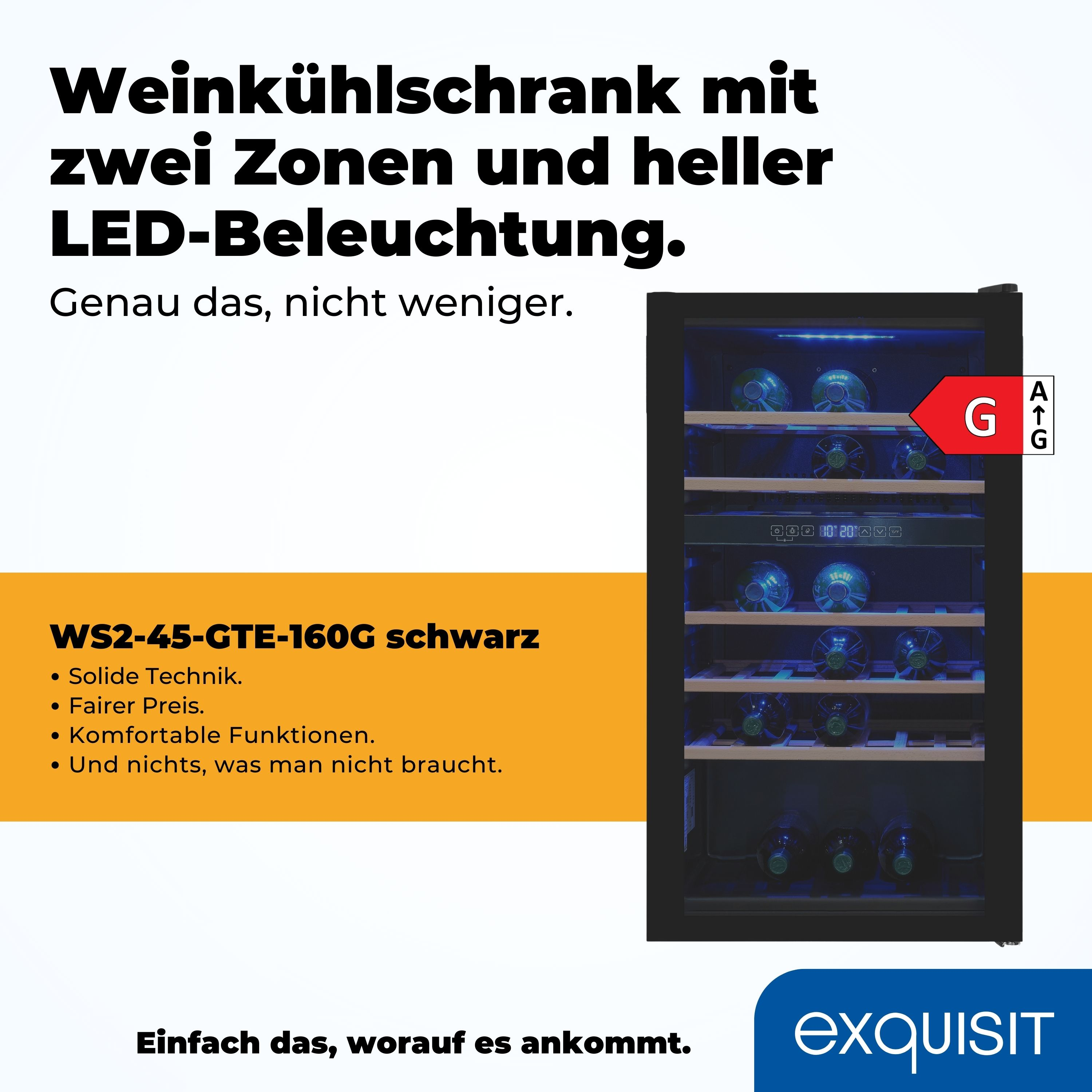 Enfriador de vino negro con botellas iluminadas y etiqueta de eficiencia energética.