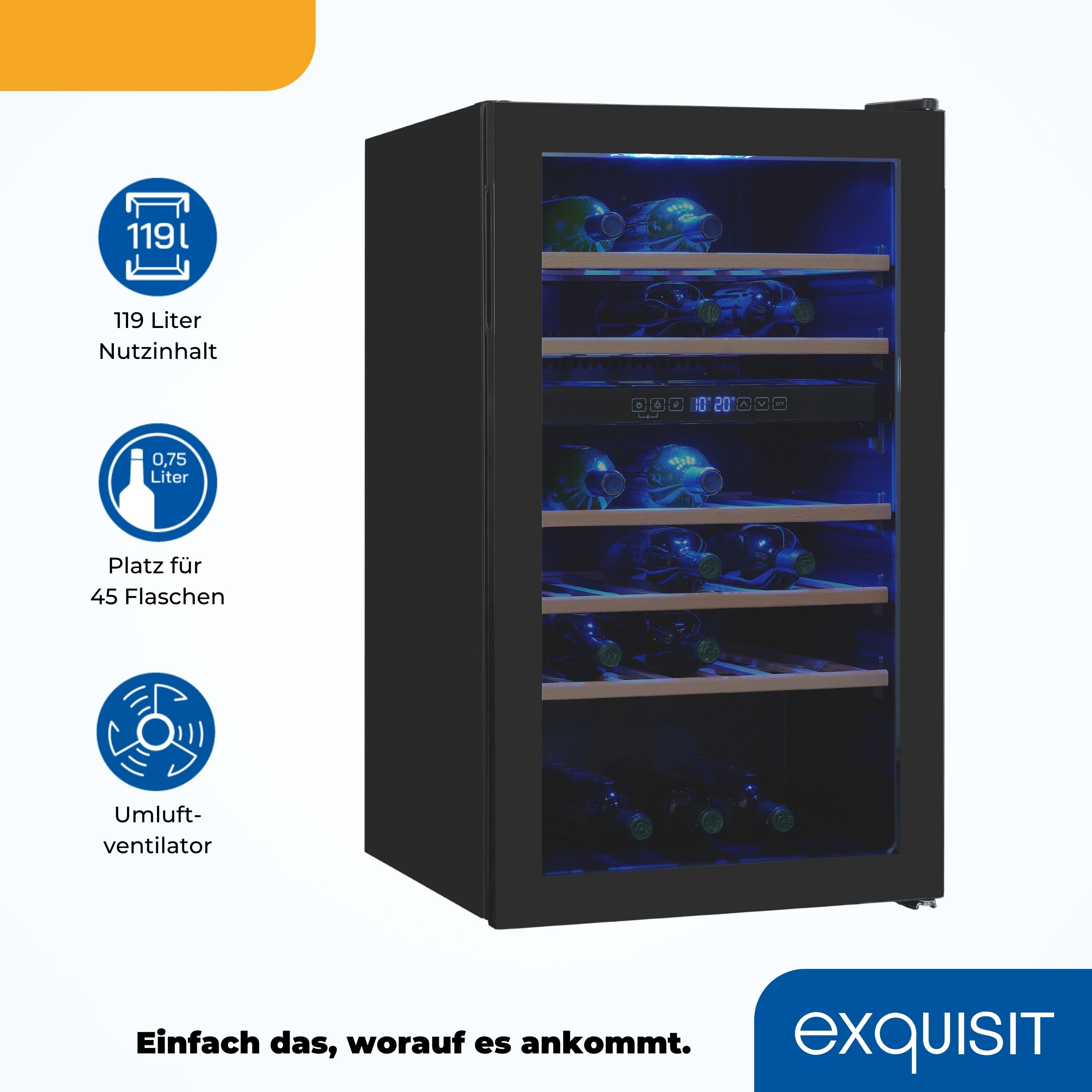 Enfriador de vino negro con botellas dentro, luces azules y estantes. Incluye texto: Exquisit.