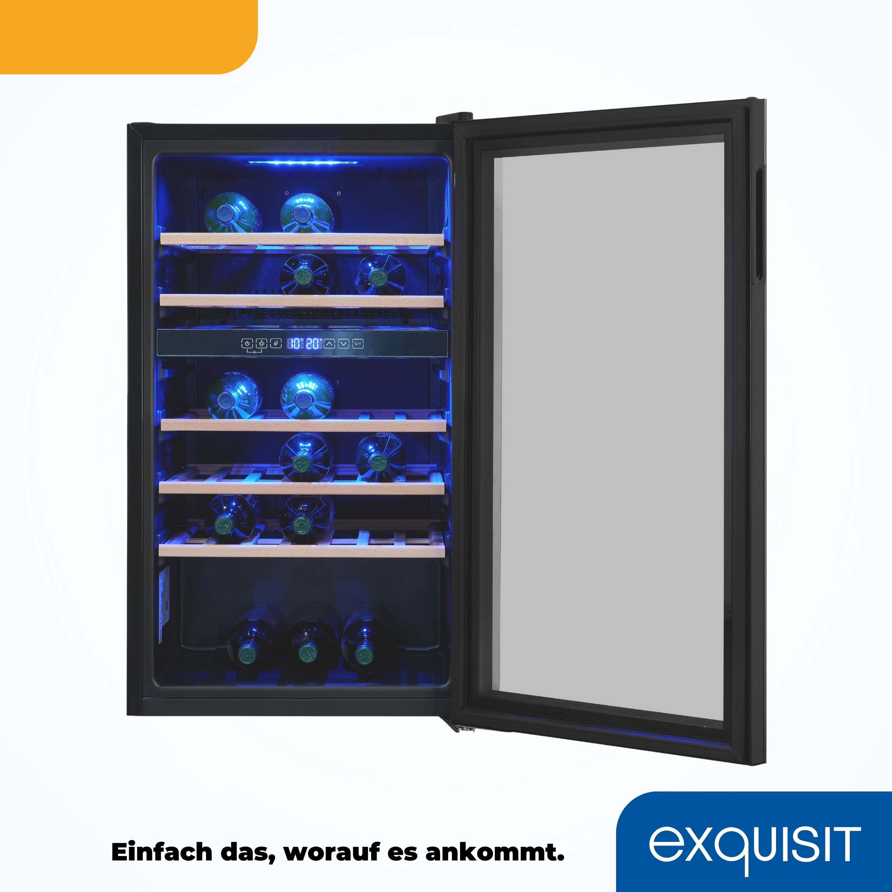 Una nevera de vino con la puerta abierta, llena de botellas de vino, iluminada por luces azules.