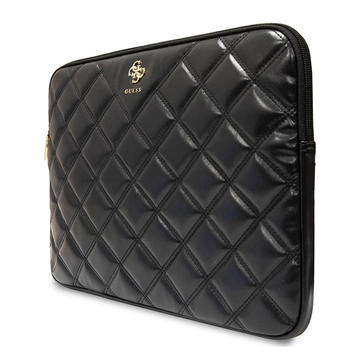 Custodia per laptop Guess nera con motivo a diamante e cerniera dorata. È chiusa e su una superficie bianca.