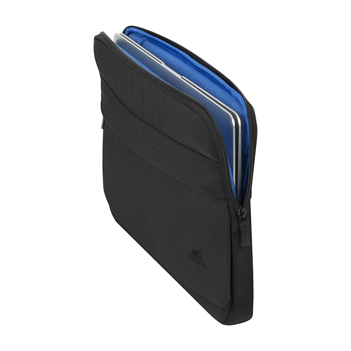 Custodia per laptop nera, parzialmente aperta, che rivela un laptop. L'interno è blu.
