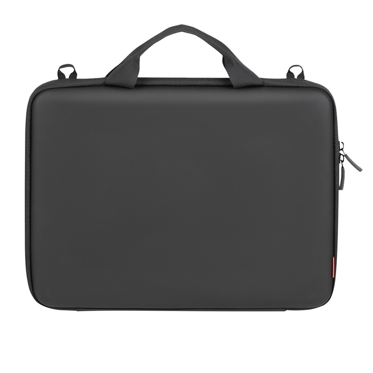 Borsa per laptop nera con manico e cerniera. La borsa è su uno sfondo bianco.