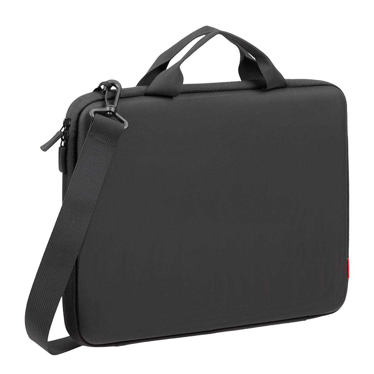 Borsa per laptop nera con tracolla e cerniera. Design nero, robusto.