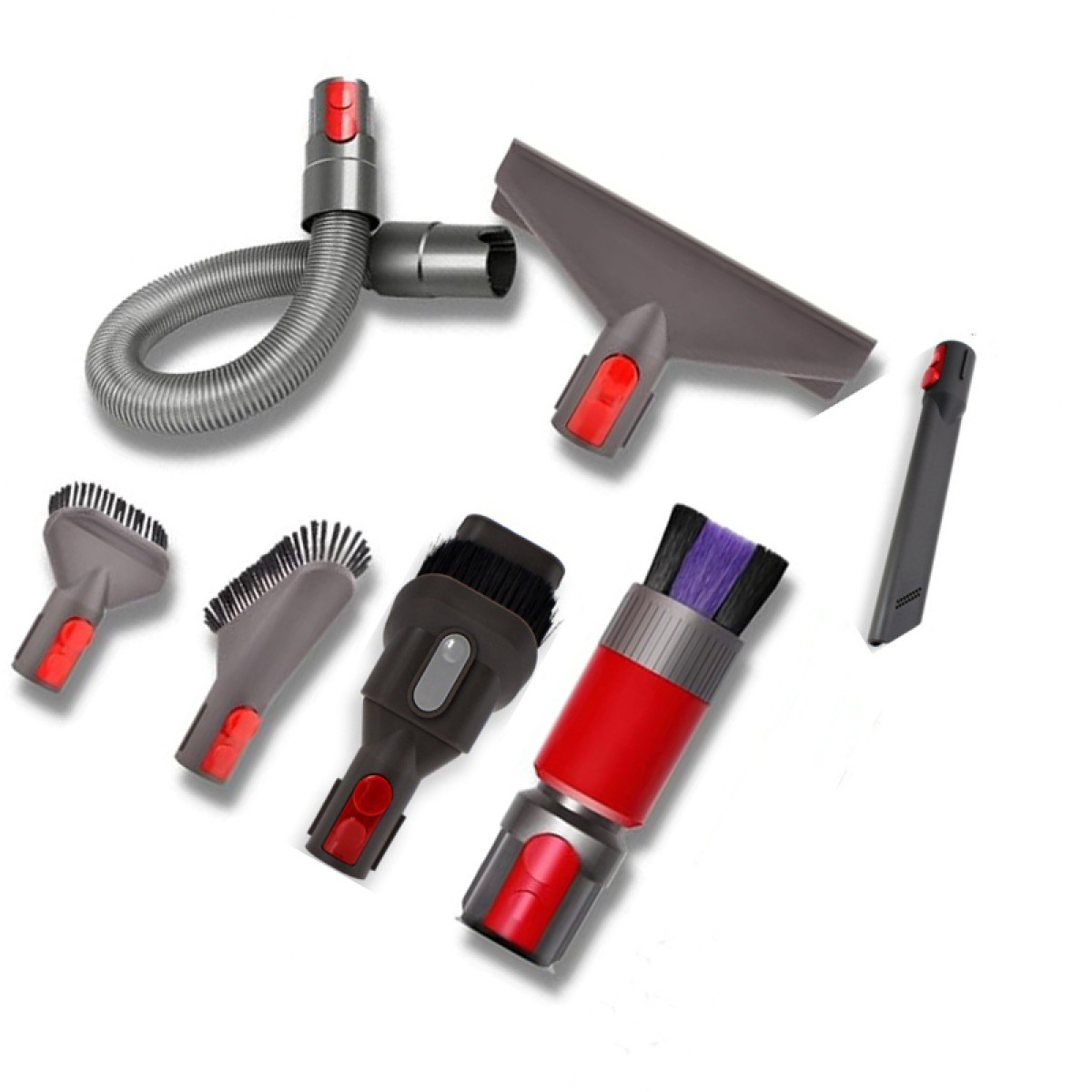 Akcesoria do odkurzacza: różne szczotki, dysze kątowe i elastyczny wąż.