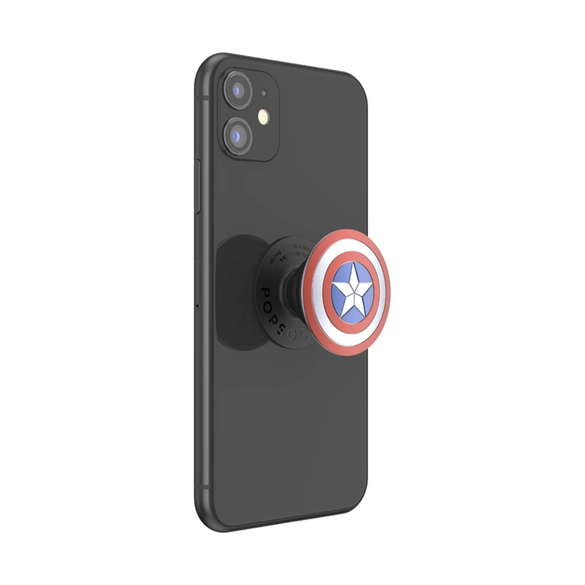 Un teléfono negro con un PopSocket del Capitán América adjunto.