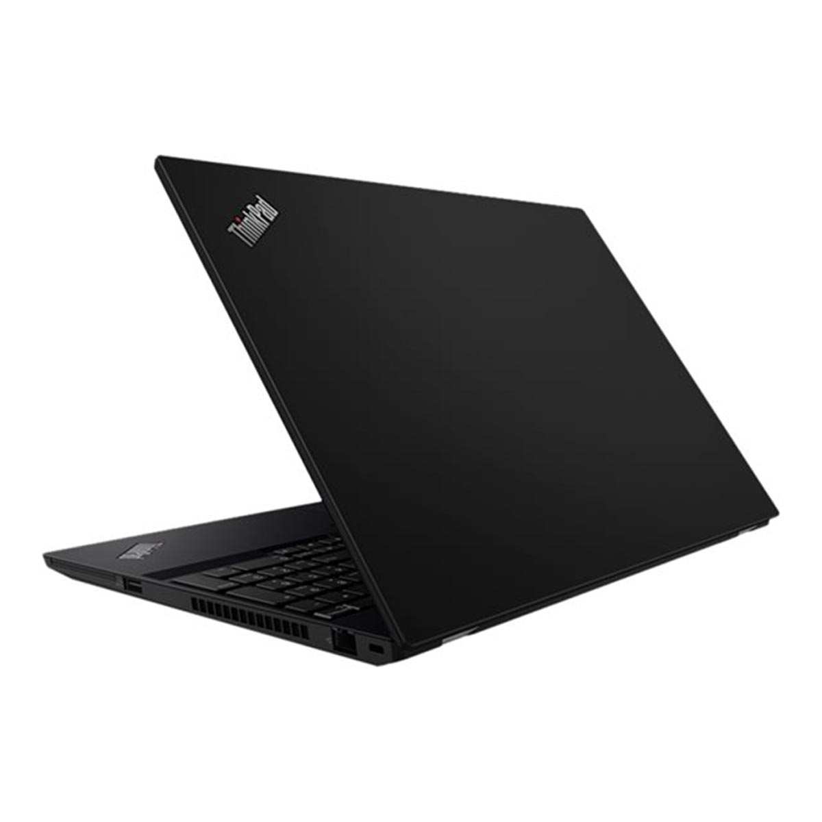 Czarny laptop ThinkPad, otwarty pod kątem, z logo ThinkPad widocznym na górze, na białym tle.