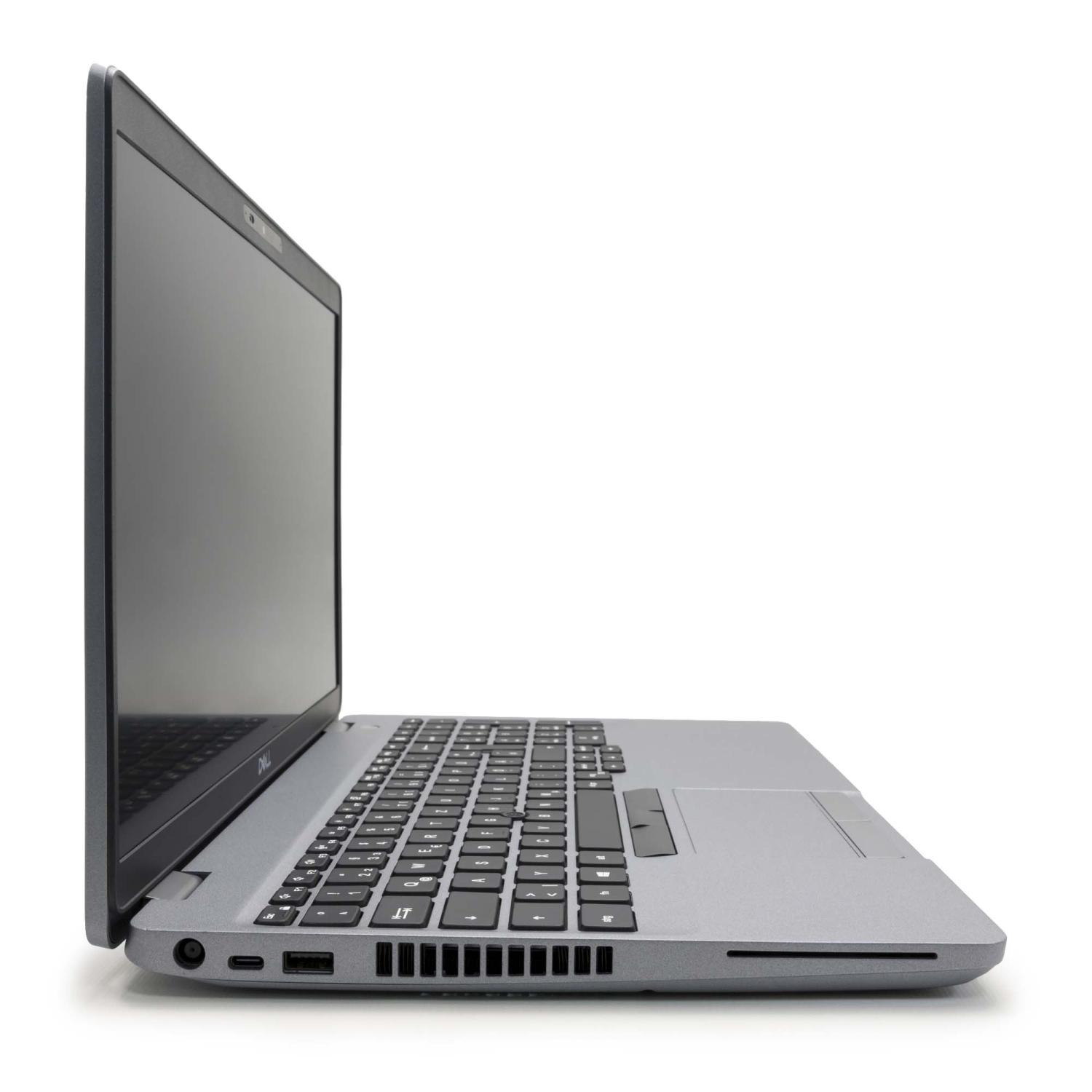 Seitenansicht eines grauen Laptops auf einer weißen Oberfläche. Der Bildschirm ist geöffnet.