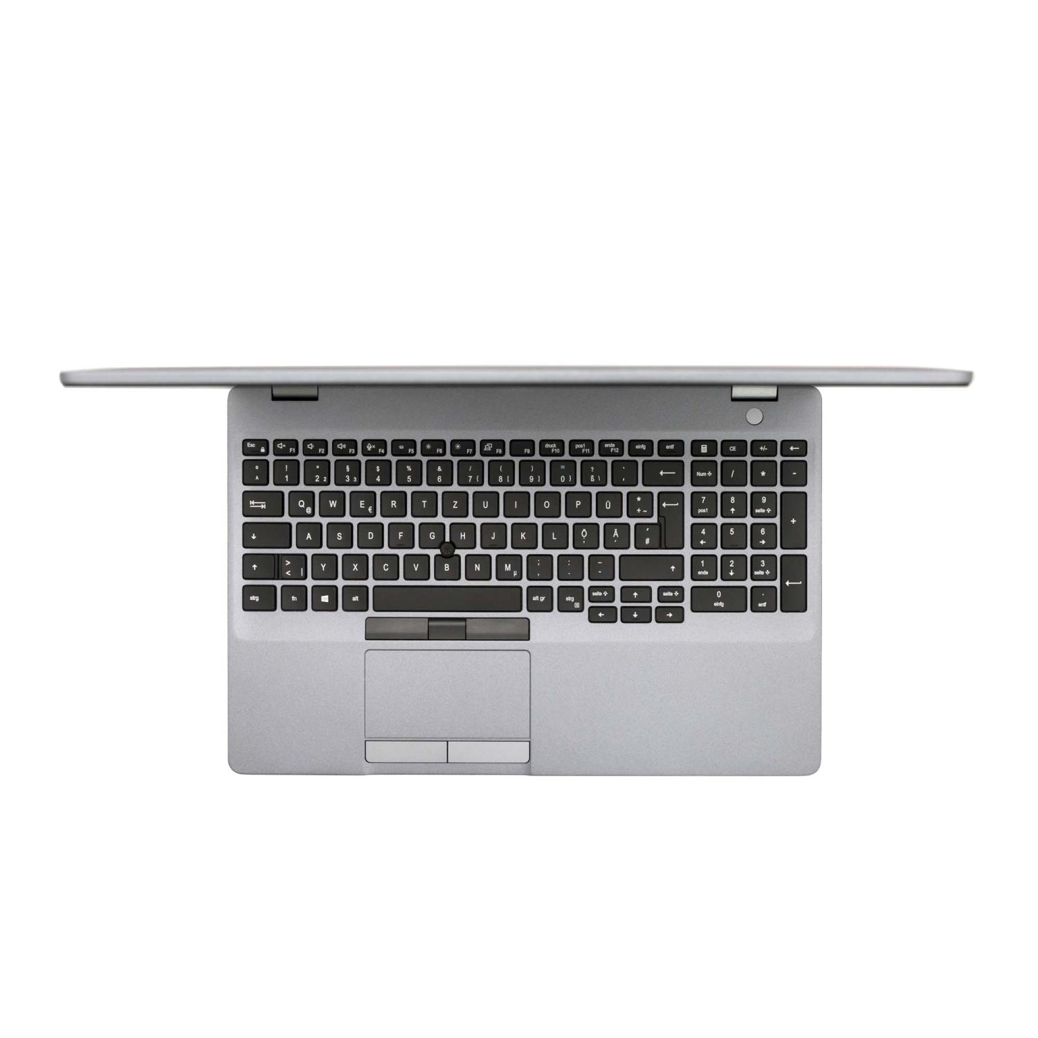 Draufsicht auf einen silbernen Laptop mit geöffnetem Bildschirm.