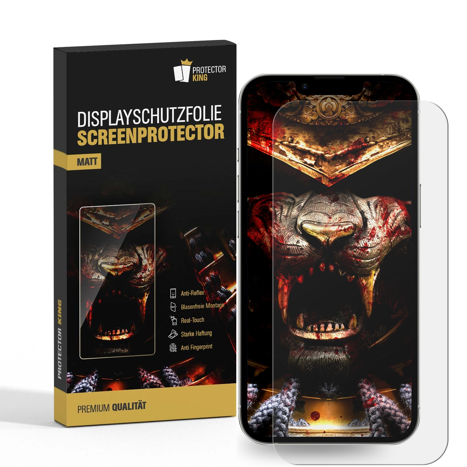 Ein iPhone mit Displayschutzfolie neben einer Produktbox.