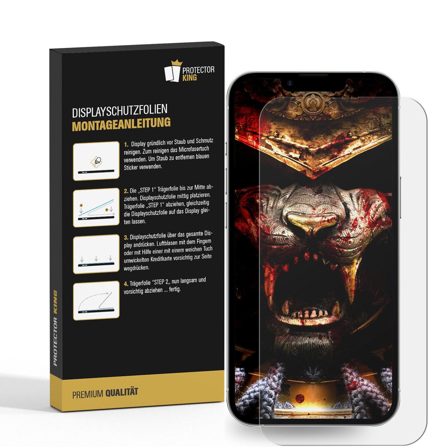 Protector King Box und ein Telefon mit angebrachter Displayschutzfolie, das ein detailliertes Löwenbild auf dem Bildschirm zeigt.