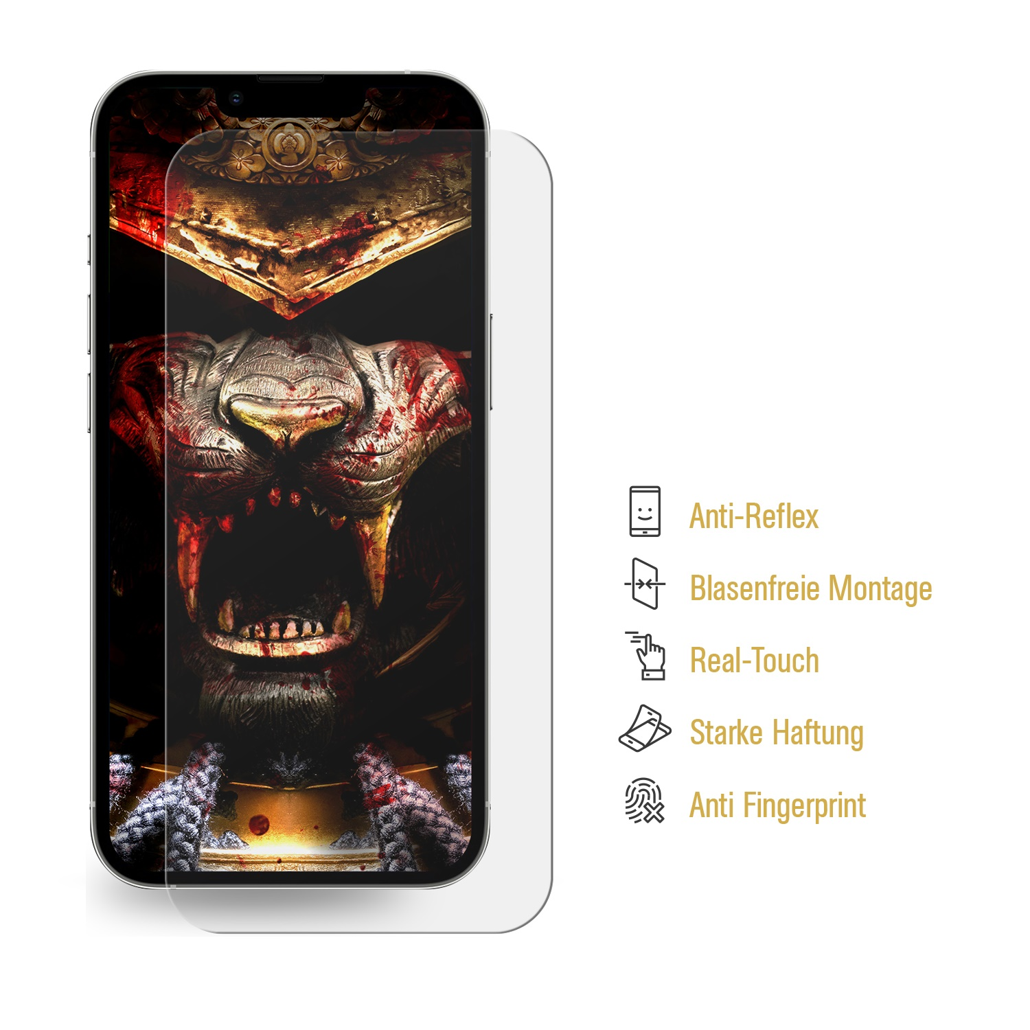 Ein Telefon mit Displayschutz. Der Bildschirm zeigt ein unheimliches Gesicht.