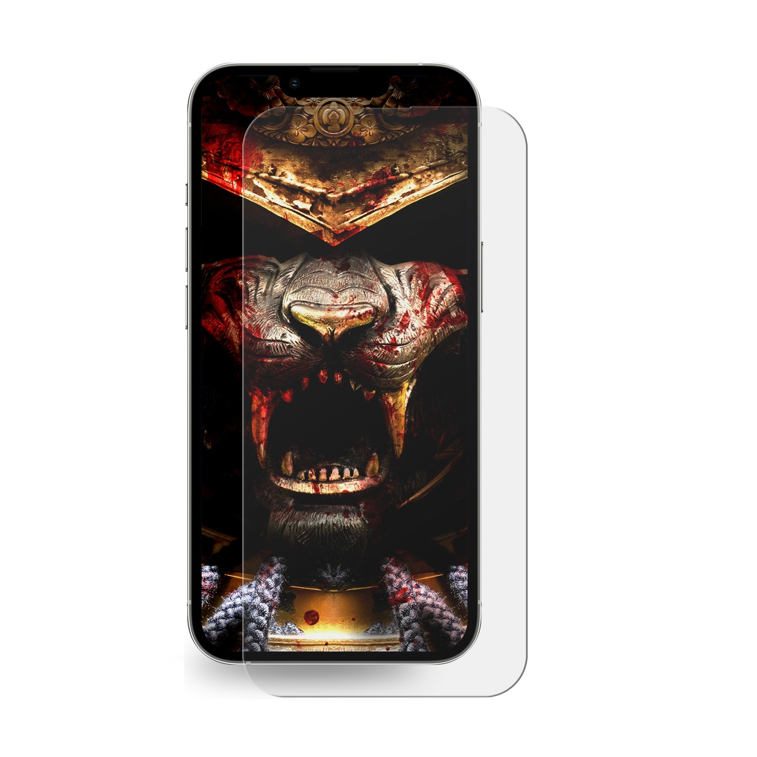 Telefon mit Displayschutz. Der Bildschirm zeigt ein wildes Löwengesicht mit Samurai-Helm.