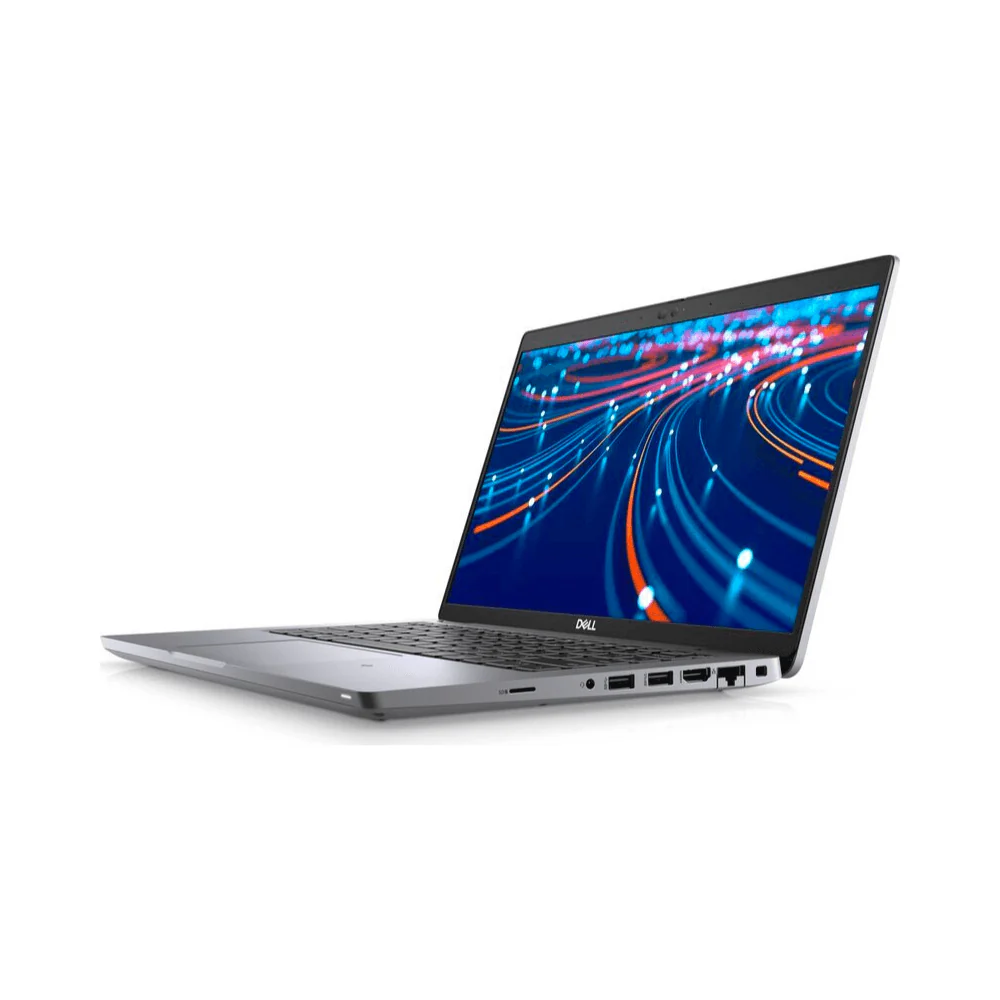 Ein silberner Laptop ist geöffnet. Der Bildschirm zeigt einen bunten, abstrakten Datenfluss.