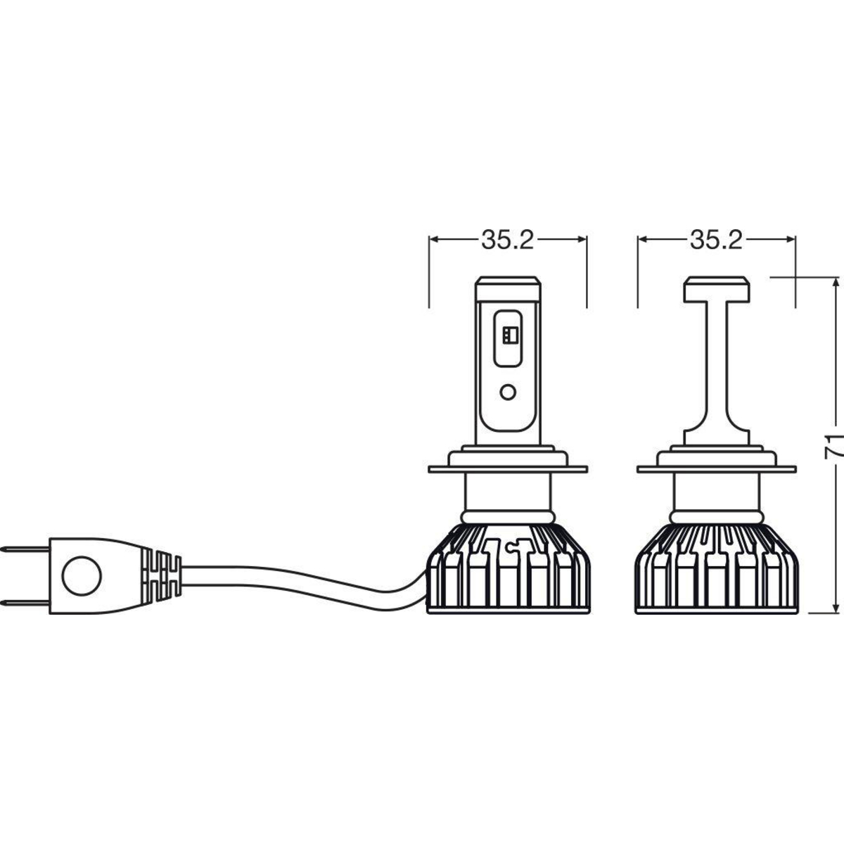 Zwei LED-Scheinwerferlampen mit Abmessungen. Die Lampen sind schwarz und silber, mit Verkabelung und Anschlusskomponenten.
