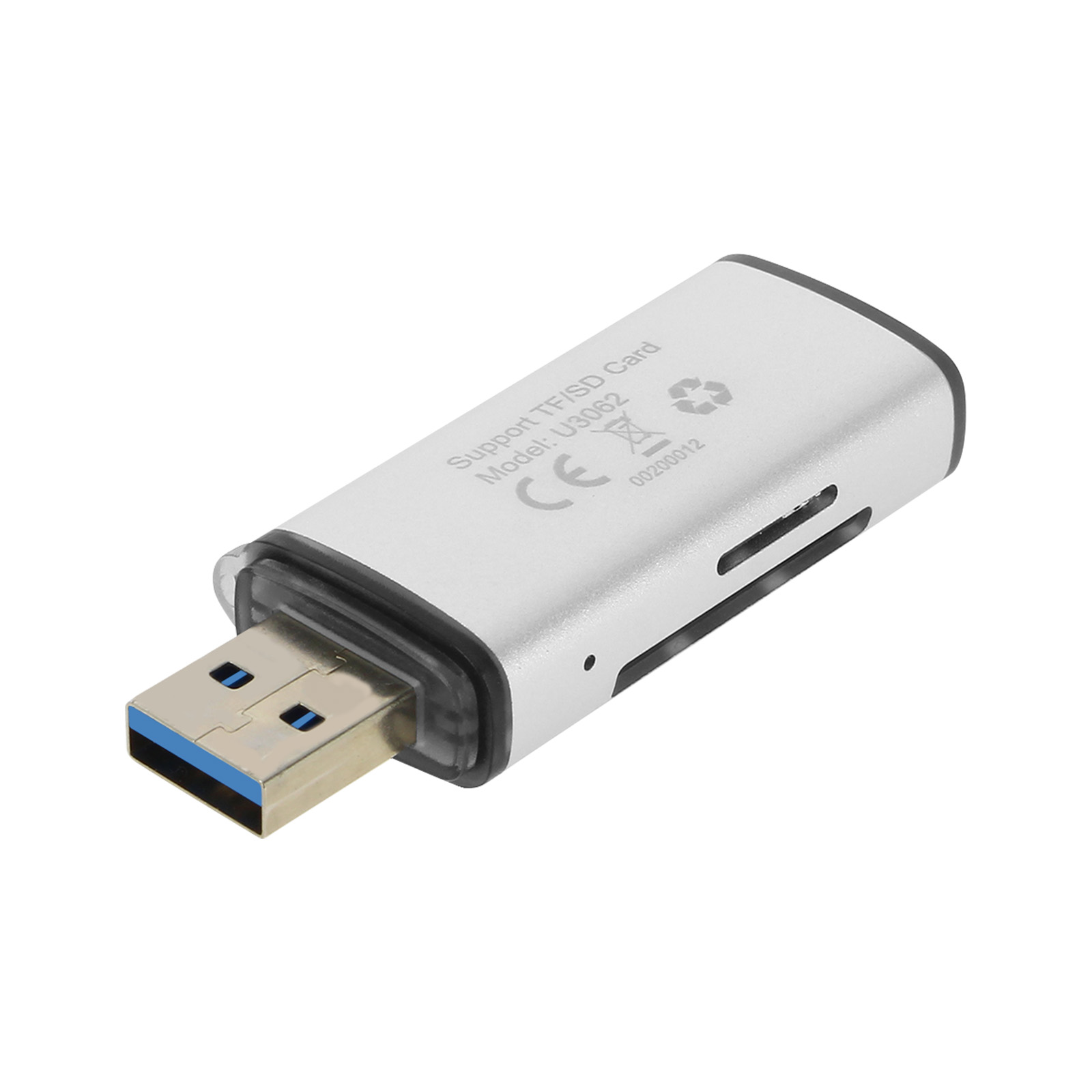 Un lettore di schede USB argentato. Ha un connettore USB e slot per schede SD.