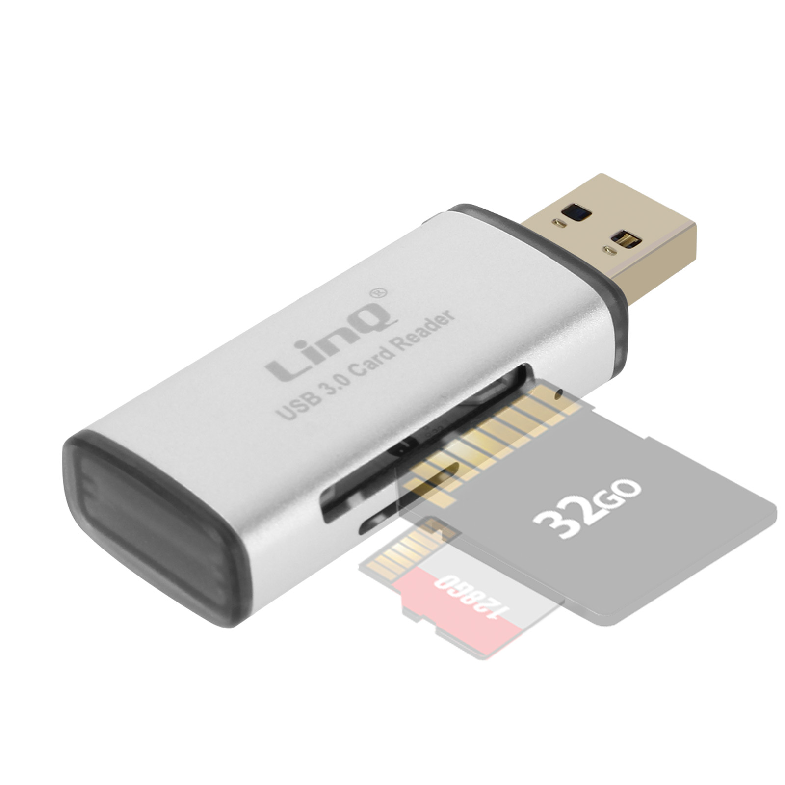 Lettore di schede USB 3.0 argento con una scheda SD parzialmente inserita e una scheda micro SD.