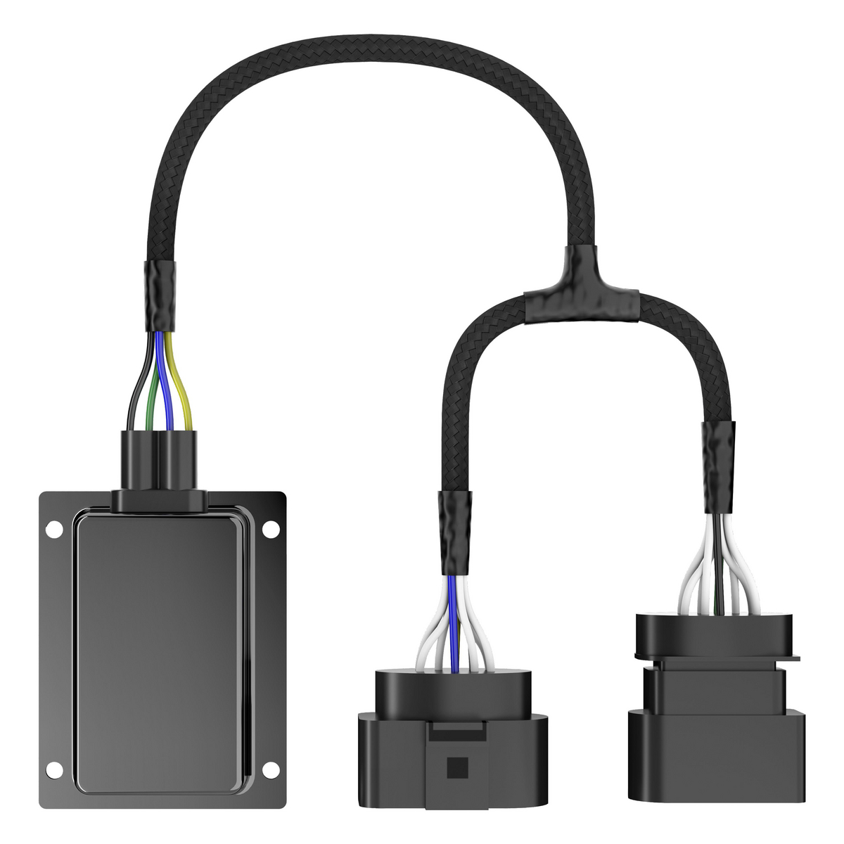 Schwarze elektronische Komponente mit Drähten und Steckern. Verschiedene Kabelfarben.