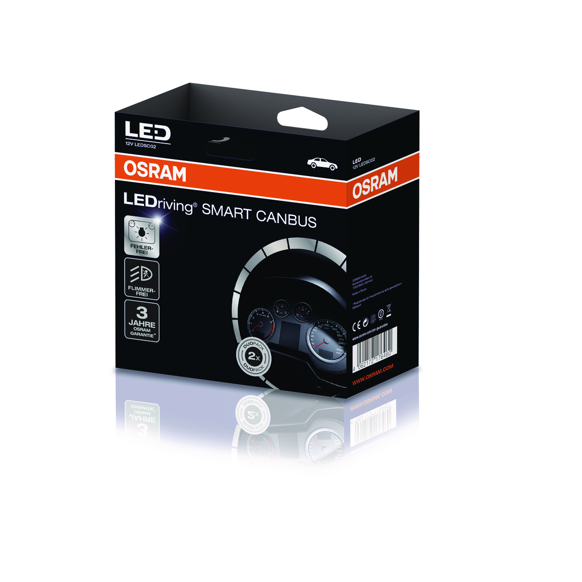 Eine OSRAM LEDriving Smart Canbus Box, schwarz mit Produktdetails und einer Auto-Armaturenbrett-Illustration.