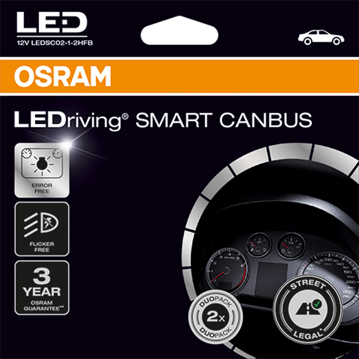 OSRAM LED-Lichtverpackung. Text- und Bilddetails auf der Verpackung. Auto-Bild im Hintergrund.