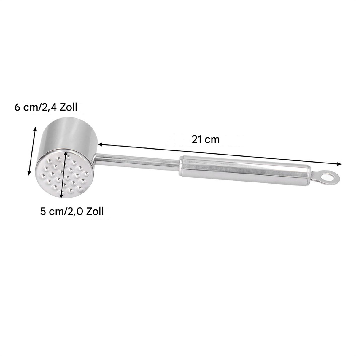 Fleischklopfer mit Metallkopf, mit Maßen, auf weißem Hintergrund.
