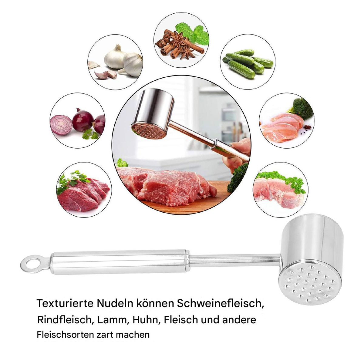 Fleischklopfer und Zutaten: Knoblauch, Gewürze, Gurken, Fleisch und verschiedene Fleischstücke.