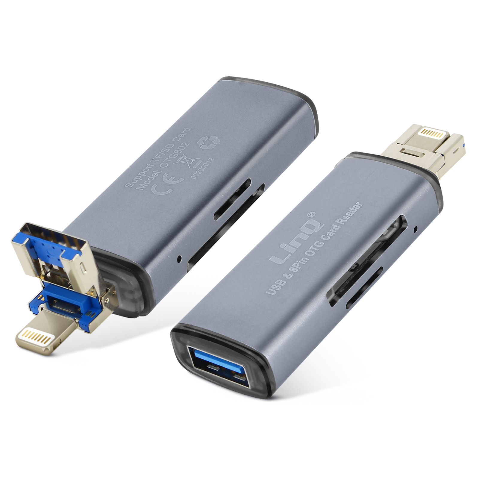 Due lettori di schede grigi con connettori USB e Lightning. Hanno un'etichetta del marchio Lino.