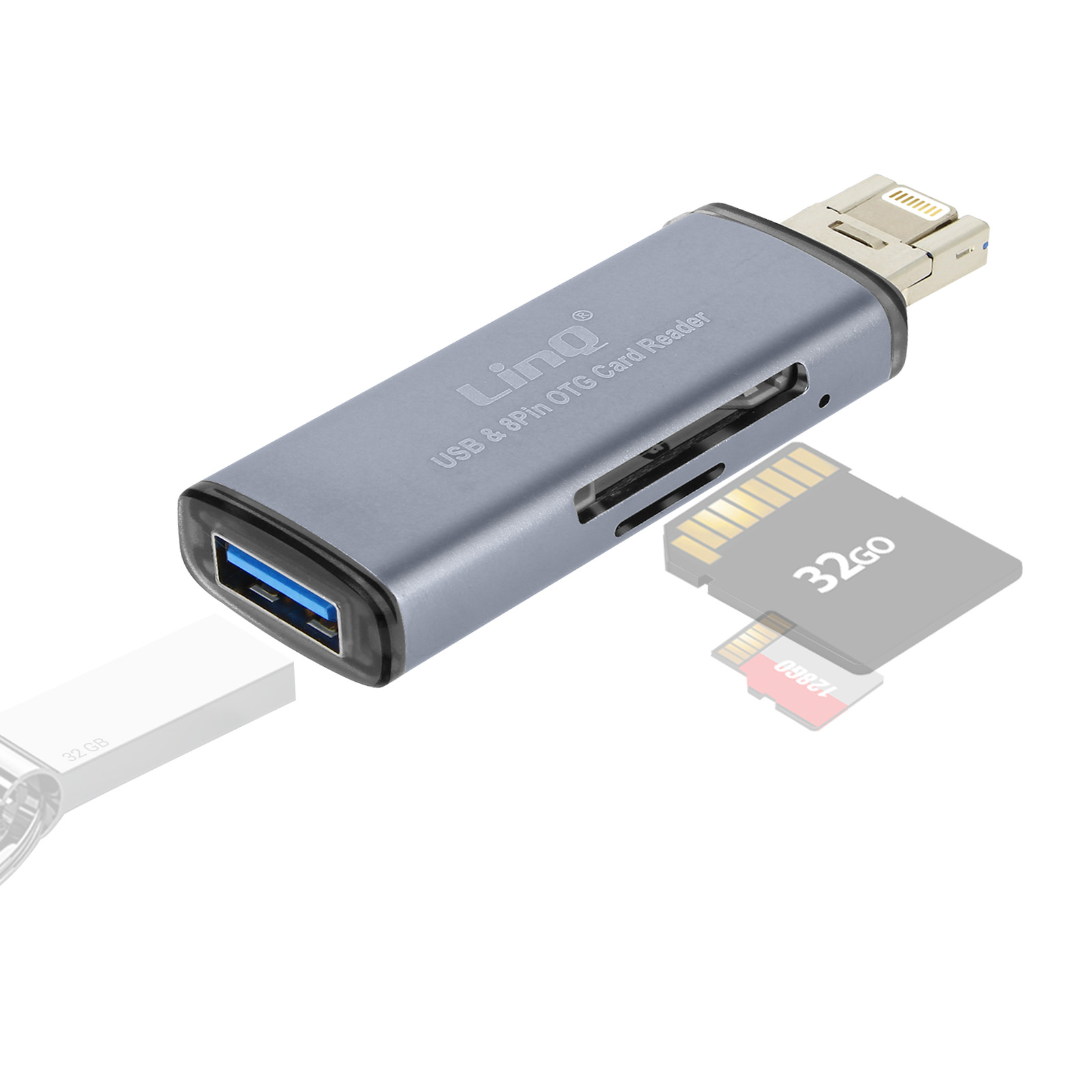 Lettore di schede USB e 8 pin OTG argentato con una scheda SD e connettore Lightning.