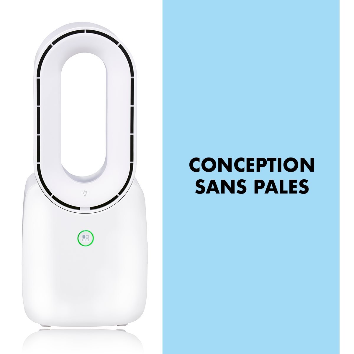 Ventilateur sans pales blanc avec texte et fond bleu. Le ventilateur a une section supérieure circulaire.