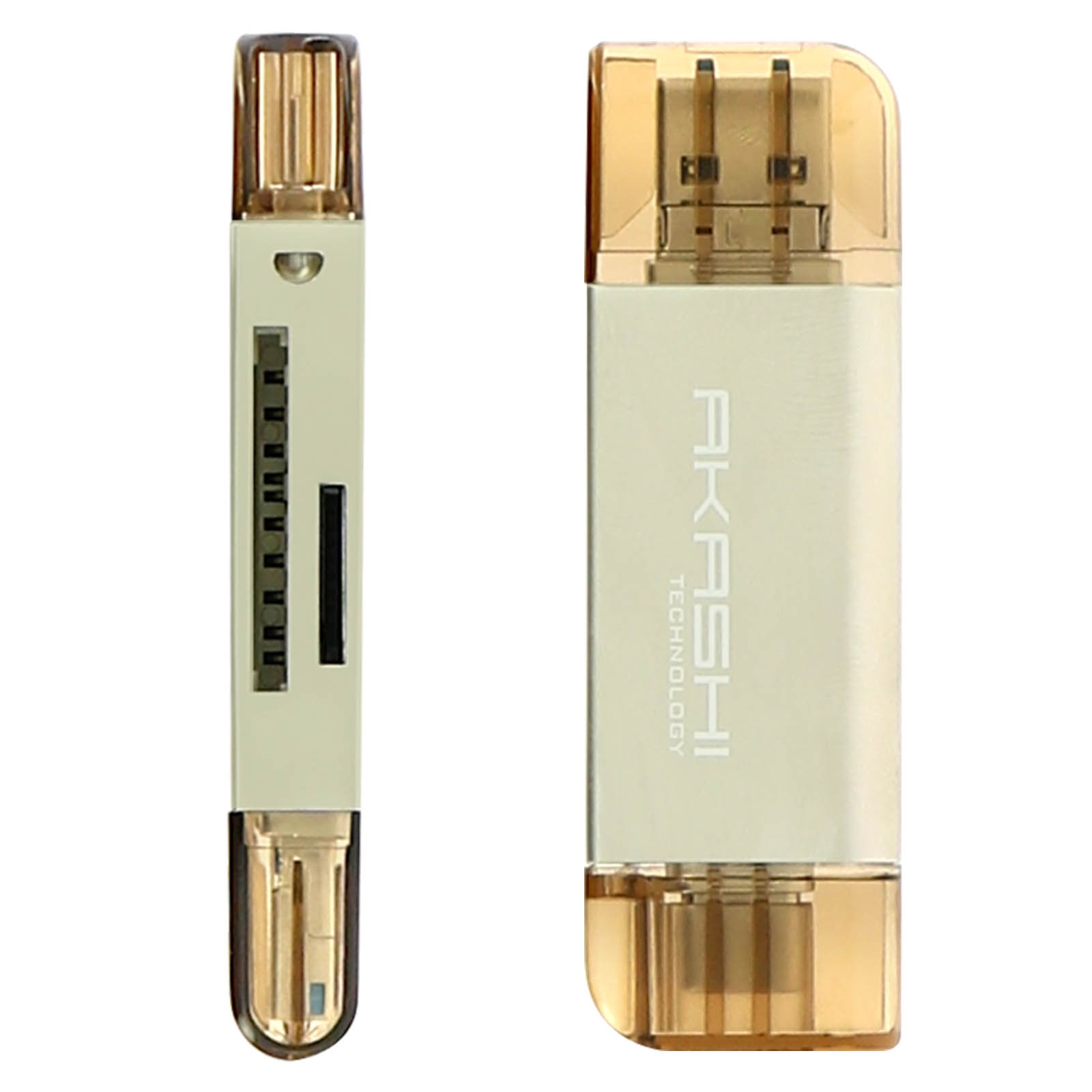 Lettore di schede oro e beige con connettore USB. Isolato su bianco.
