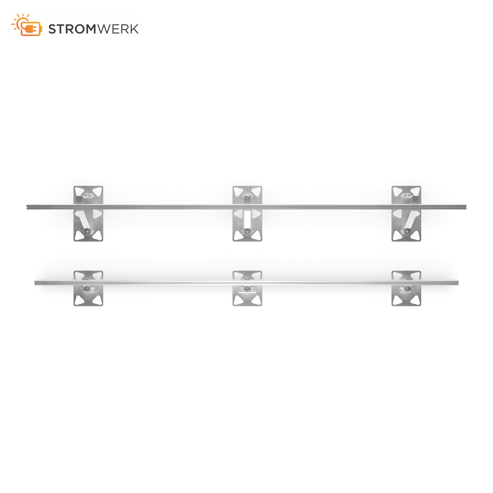 Montagehalterungen für Solarmodule. Text: 'Stromwerk'.