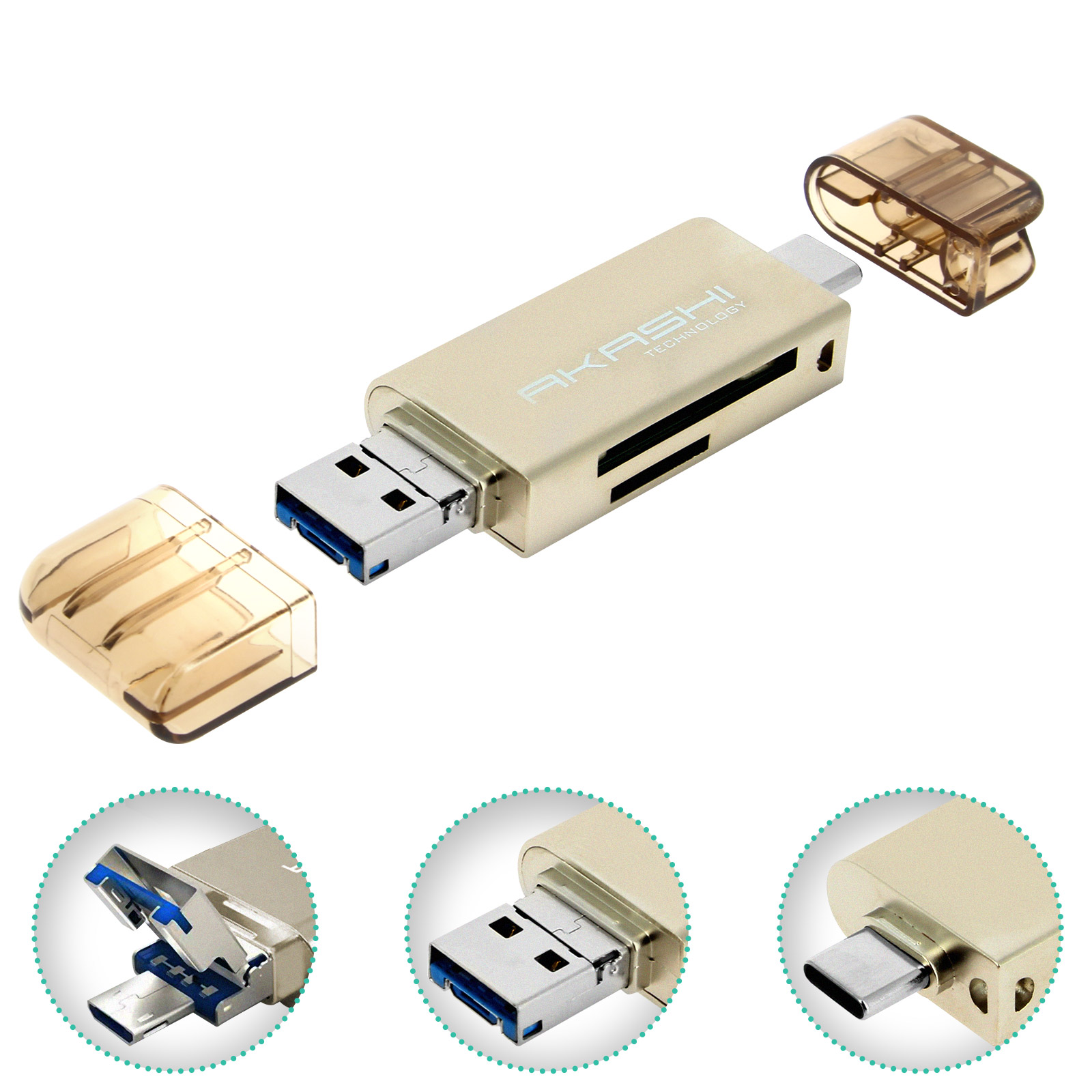 Un lettore di schede USB dorato con USB e connettore USB-C, con due cappucci.