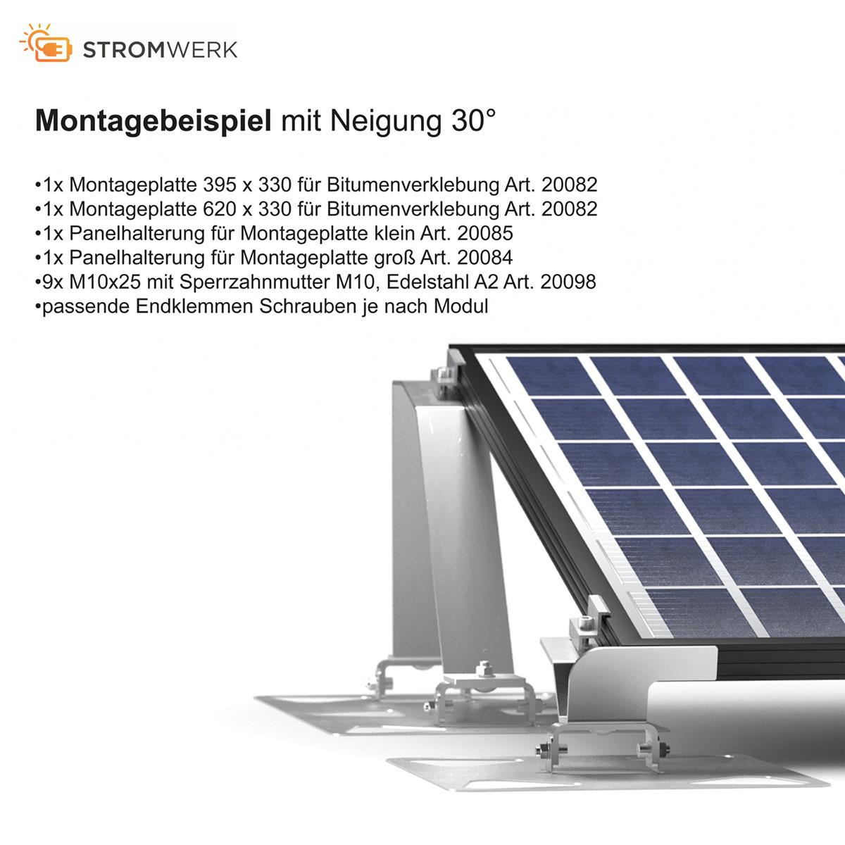 Montagebeispiel für Solarmodule. Text listet Teile auf. Das Panel befindet sich auf einem schrägen Rahmen. Hintergrund ist ein Dach.
