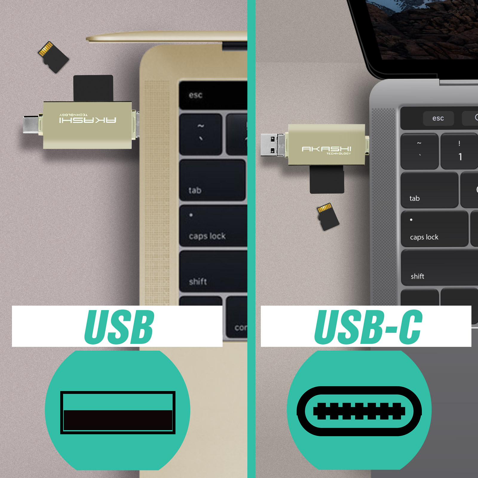 Due laptop con connessioni USB e USB-C. Due schede SD. I grafici mostrano i tipi di USB.