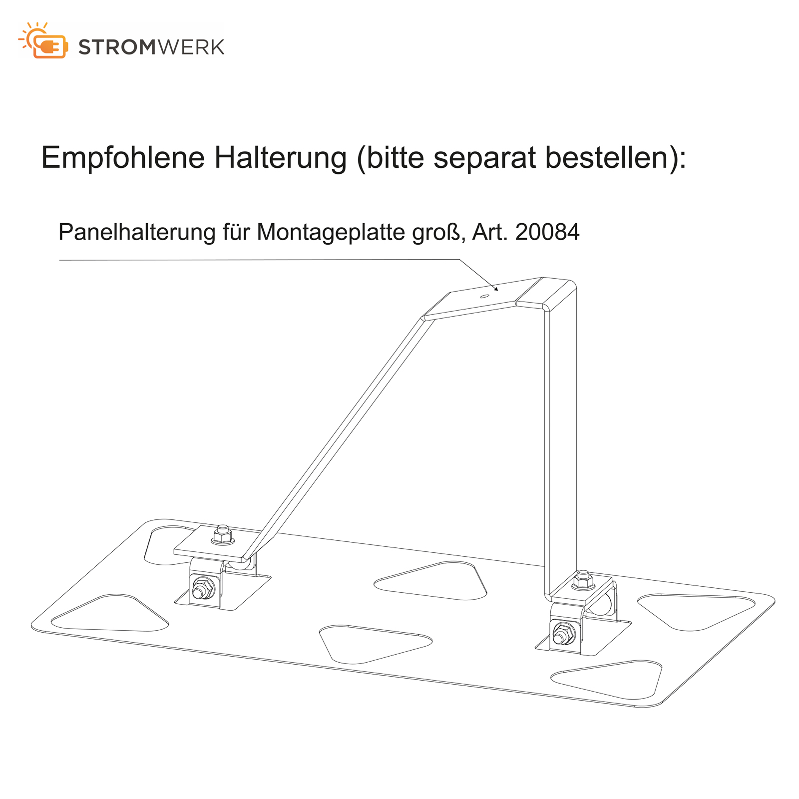 Strichzeichnung einer Metallhalterung für eine Montageplatte, mit Text und Logo.